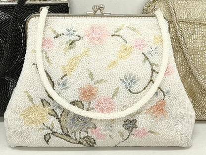 平和屋着物▼和装小物　和装ビーズバッグまとめて3点　総ビーズ　草花文　白色　黒色　逸品　DABJ2104xg