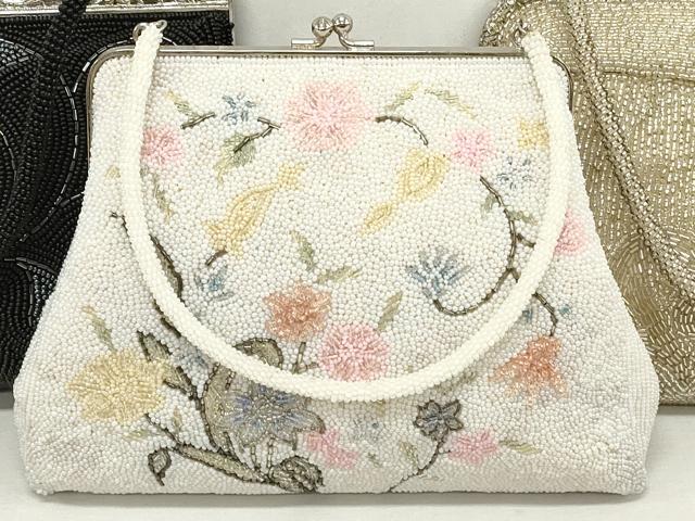 平和屋着物▼和装小物　和装ビーズバッグまとめて3点　総ビーズ　草花文　白色　黒色　逸品　DABJ2104xg