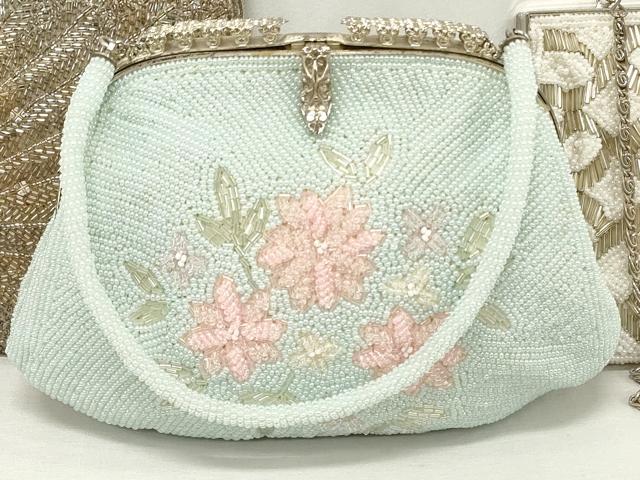 平和屋着物▼和装小物　和装ビーズバッグまとめて3点　総ビーズ　ポシェット　草花文　孔雀　ラインストーン　水色　逸品　DABJ2106xg