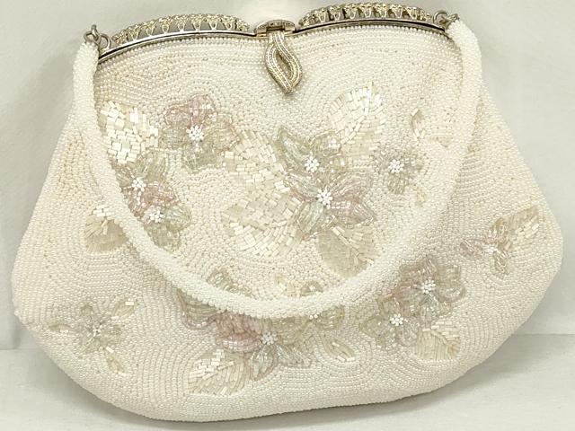 平和屋着物▼和装小物　和装ビーズバッグまとめて3点　総ビーズ　草花文　白色　逸品　DABJ2107xg