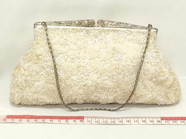 平和屋着物▼和装小物　和装ビーズバッグまとめて3点　総ビーズ　草花文　スパンコール　白色　水色　逸品　DABJ2110xg
