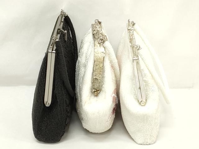 平和屋着物▼和装小物　和装ビーズバッグまとめて3点　総ビーズ　花文　白色　黒色　逸品　DABJ2112xg