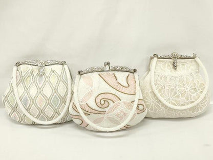 平和屋着物▼和装小物　和装ビーズバッグまとめて3点　総ビーズ　立涌文　花文　白色　逸品　DABJ2113xg