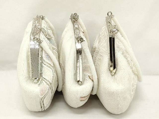 平和屋着物▼和装小物　和装ビーズバッグまとめて3点　総ビーズ　立涌文　花文　白色　逸品　DABJ2113xg