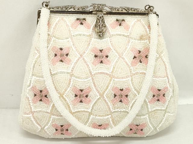 平和屋着物▼和装小物　和装ビーズバッグまとめて3点　総ビーズ　蝶　花　ラインストーン　白色　ピンク色　逸品　DABJ2116xg