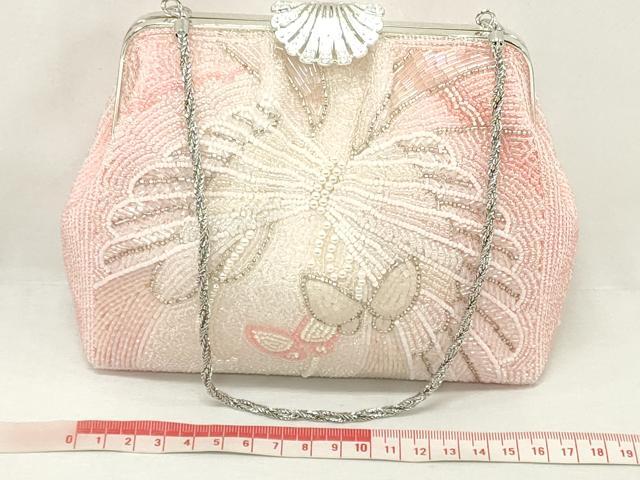 平和屋着物▼和装小物　和装ビーズバッグまとめて3点　総ビーズ　蝶　花　ラインストーン　白色　ピンク色　逸品　DABJ2116xg