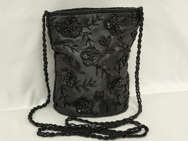 平和屋着物▼和装小物　和装ビーズバッグまとめて3点　総ビーズ　ポシェット　スパンコール　草花文　黒色　逸品　DABJ2119xg