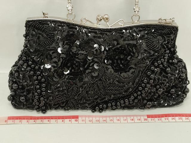 平和屋着物▼和装小物　和装ビーズバッグまとめて3点　総ビーズ　ポシェット　スパンコール　草花文　黒色　逸品　DABJ2119xg