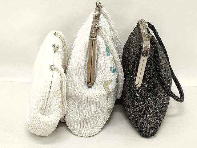 平和屋着物▼和装小物　和装ビーズバッグまとめて3点　総ビーズ　草花文　白色　黒色　逸品　DABJ2120xg