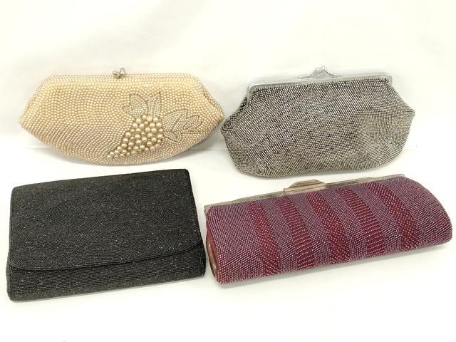 平和屋着物▼和装小物　和装ビーズバッグまとめて4点　総ビーズ　縞　成り物　黒色　丁字色　赤紫色　逸品　DABJ2130xg