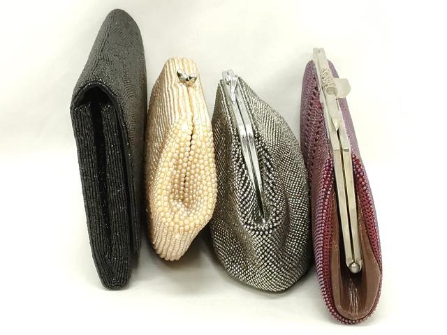 平和屋着物▼和装小物　和装ビーズバッグまとめて4点　総ビーズ　縞　成り物　黒色　丁字色　赤紫色　逸品　DABJ2130xg