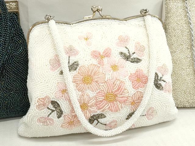 平和屋着物▼和装小物　和装ビーズバッグまとめて3点　総ビーズ　草花文　白色　逸品　DABJ2454xg