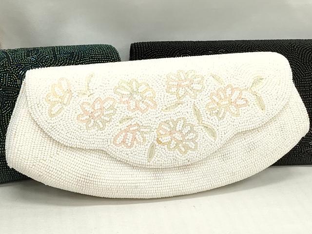 平和屋着物▼和装小物　和装ビーズバッグまとめて4点　総ビーズ　草花文　白色　黒色　グリーン系　逸品　DABJ2460xg