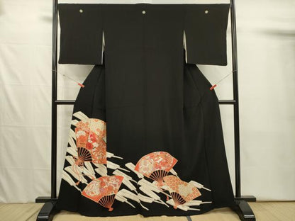平和屋着物■豪華黒留袖　刺繍　扇面花鳥文　金彩　正絹　逸品　DABJ2526ya