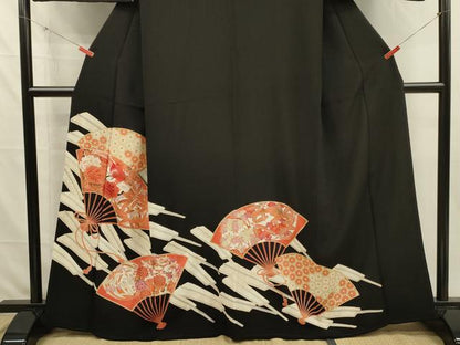 平和屋着物■豪華黒留袖　刺繍　扇面花鳥文　金彩　正絹　逸品　DABJ2526ya