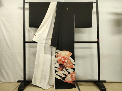 平和屋着物■豪華黒留袖　刺繍　扇面花鳥文　金彩　正絹　逸品　DABJ2526ya