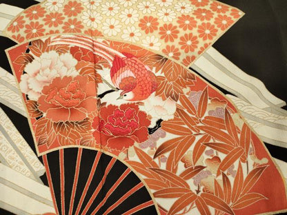 平和屋着物■豪華黒留袖　刺繍　扇面花鳥文　金彩　正絹　逸品　DABJ2526ya