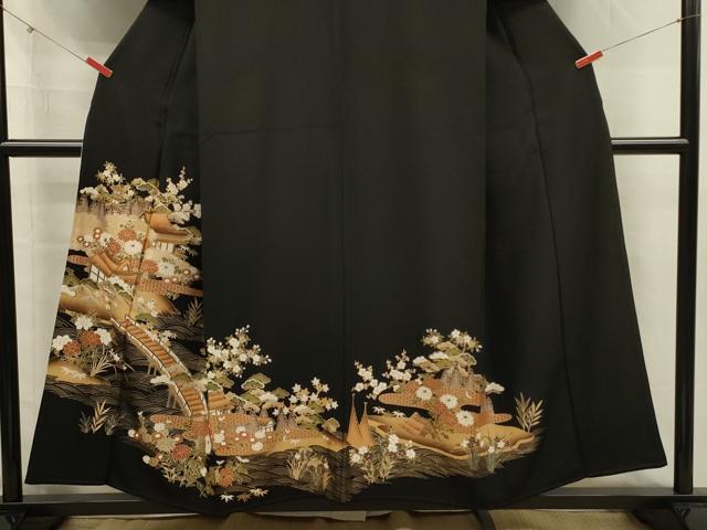平和屋着物■豪華黒留袖　渡橋風景花松文　金彩　正絹　逸品　DABJ2560ya