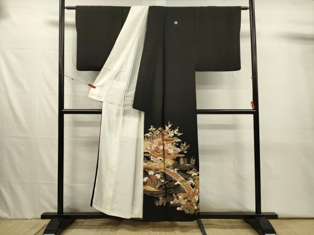 平和屋着物■豪華黒留袖　渡橋風景花松文　金彩　正絹　逸品　DABJ2560ya