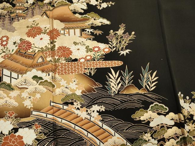 平和屋着物■豪華黒留袖　渡橋風景花松文　金彩　正絹　逸品　DABJ2560ya