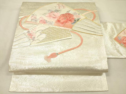 平和屋着物◎九寸名古屋帯　駒刺繍　扇面花文　金銀糸　正絹　逸品　DABJ2562ya