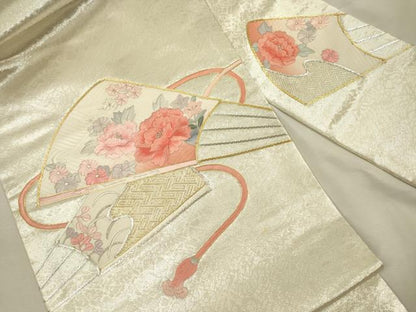 平和屋着物◎九寸名古屋帯　駒刺繍　扇面花文　金銀糸　正絹　逸品　DABJ2562ya