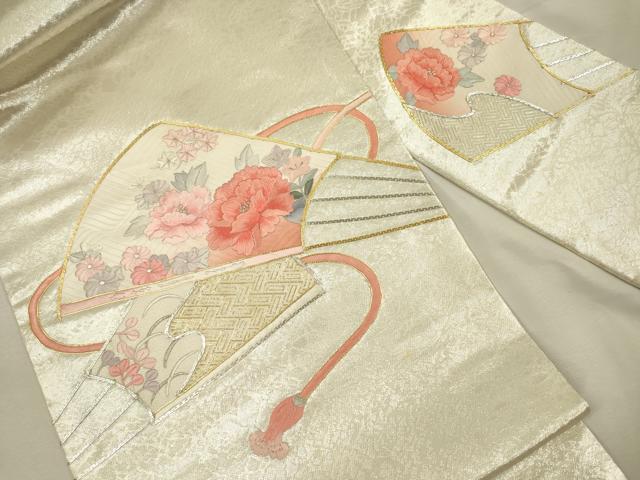 平和屋着物◎九寸名古屋帯　駒刺繍　扇面花文　金銀糸　正絹　逸品　DABJ2562ya