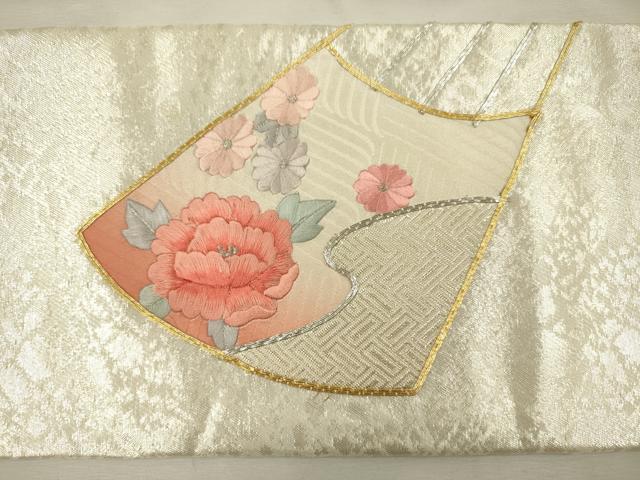 平和屋着物◎九寸名古屋帯　駒刺繍　扇面花文　金銀糸　正絹　逸品　DABJ2562ya