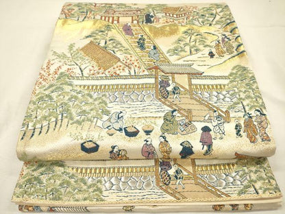 平和屋着物◎六通柄袋帯　唐織　風景人物文　金銀糸　正絹　逸品　DABJ2565ya