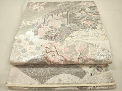 平和屋着物◎六通柄袋帯　唐織　地紙風景花文　枝梅　九百錦　プラチナ箔　正絹　逸品　DABJ2571ya