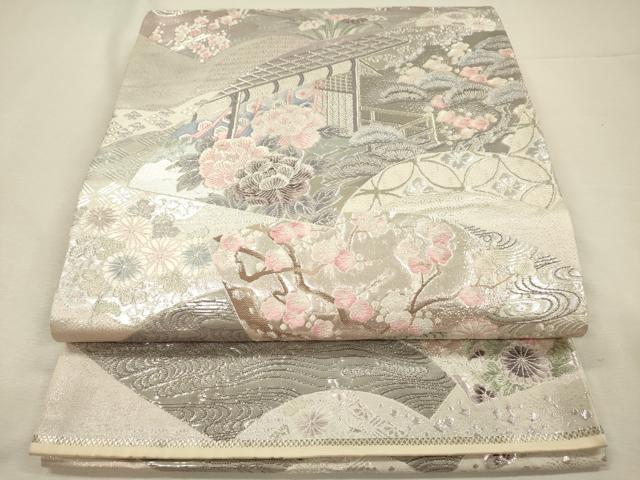 平和屋着物◎六通柄袋帯　唐織　地紙風景花文　枝梅　九百錦　プラチナ箔　正絹　逸品　DABJ2571ya
