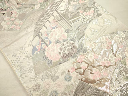 平和屋着物◎六通柄袋帯　唐織　地紙風景花文　枝梅　九百錦　プラチナ箔　正絹　逸品　DABJ2571ya