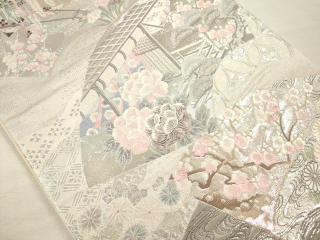 平和屋着物◎六通柄袋帯　唐織　地紙風景花文　枝梅　九百錦　プラチナ箔　正絹　逸品　DABJ2571ya