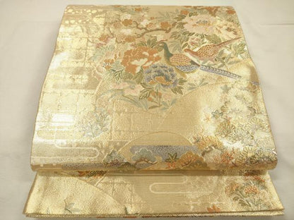 平和屋着物◎六通柄袋帯　孔雀花文　金糸　正絹　逸品　DABJ2589ya