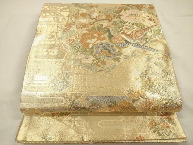 平和屋着物◎六通柄袋帯　孔雀花文　金糸　正絹　逸品　DABJ2589ya