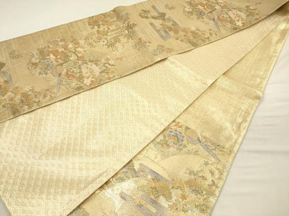 平和屋着物◎六通柄袋帯　孔雀花文　金糸　正絹　逸品　DABJ2589ya