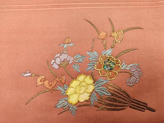平和屋着物◎六通柄袋帯　螺鈿　ワンポイント　肉桂色　金彩　正絹　逸品　DABJ2590ya