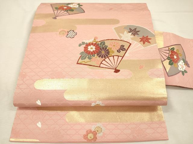 平和屋着物◎九寸名古屋帯　唐織　扇面花文　金糸　正絹　逸品　DABJ2591ya