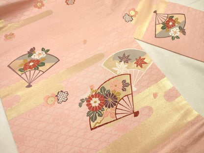 平和屋着物◎九寸名古屋帯　唐織　扇面花文　金糸　正絹　逸品　DABJ2591ya