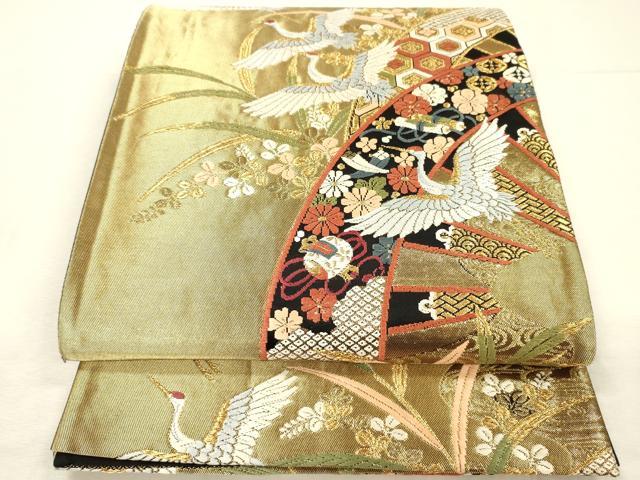 平和屋着物◎六通柄袋帯　唐織　片輪車飛鶴花文　宝尽くし　金糸　正絹　逸品　DABJ2595ya