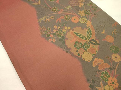 平和屋着物◎両面　六通柄袋帯　雪輪舞蝶花松文　あだしの　正絹　逸品　DABJ2597ya