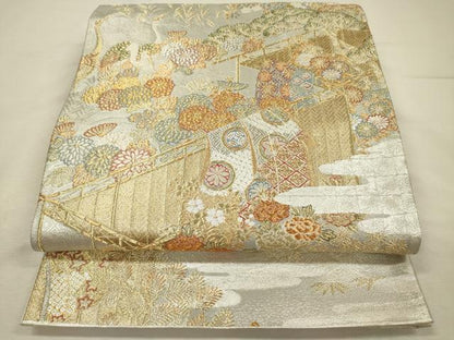 平和屋着物◎六通柄袋帯　飛鶴風景花文　誰が袖　金銀糸　正絹　逸品　DABJ2598ya