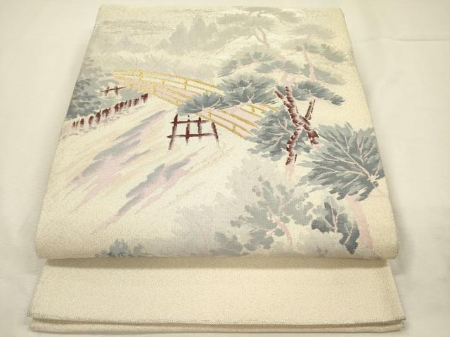平和屋着物◎綴れ　太鼓柄袋帯　渡橋風景文　金銀糸　正絹　逸品　DABJ2599ya