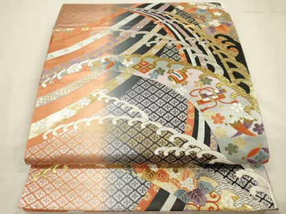 平和屋着物◎六通柄袋帯　唐織　立波花文　宝尽くし　金銀糸　正絹　逸品　DABJ2601ya