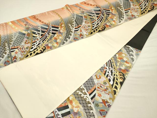 平和屋着物◎六通柄袋帯　唐織　立波花文　宝尽くし　金銀糸　正絹　逸品　DABJ2601ya