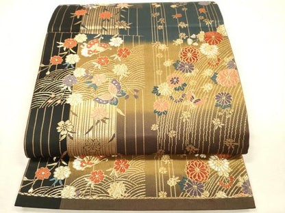 平和屋着物◎六通柄袋帯　唐織　舞蝶花文　金糸　正絹　逸品　DABJ2602ya