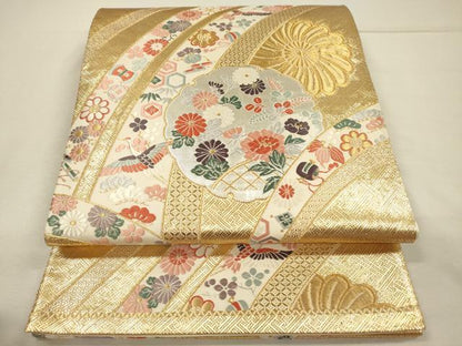 平和屋着物◎六通柄袋帯　唐織　雪輪飛鶴花文　宝尽くし　金銀糸　正絹　逸品　DABJ2609ya