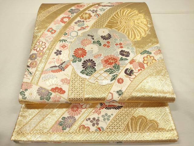 平和屋着物◎六通柄袋帯　唐織　雪輪飛鶴花文　宝尽くし　金銀糸　正絹　逸品　DABJ2609ya