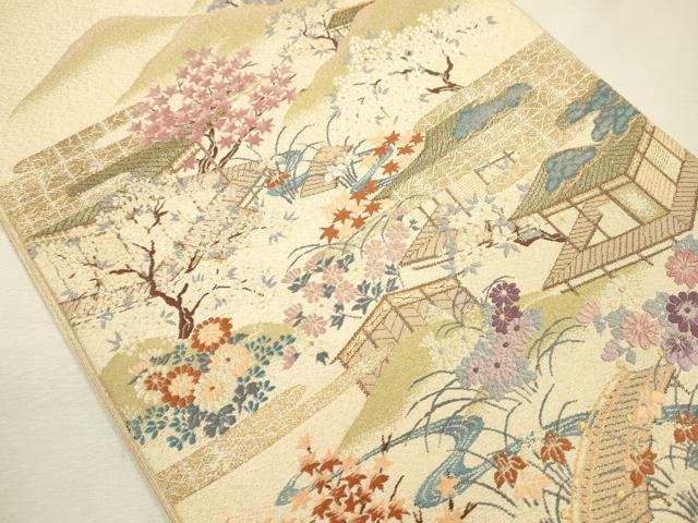 平和屋着物◎綴れ　太鼓柄袋帯　唐織　風景花文　金糸　正絹　逸品　DABJ2610ya