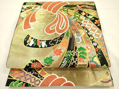 平和屋着物◎六通柄袋帯　唐織　束ね熨斗花鳥文　黒地　金糸　正絹　逸品　DABJ2611ya